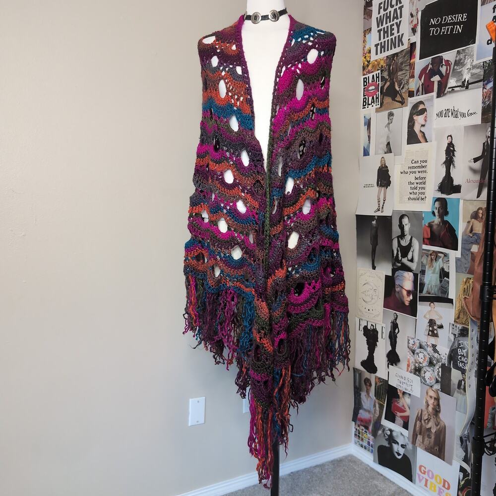 Bohemian Multicolor Crochet Fringe Shawl